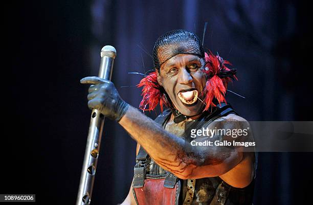 Till Lindemann, lead vocalist of the German industrial metal band Rammstein performs during a concert at the Grand Arena on February 9, 2011 in Cape...