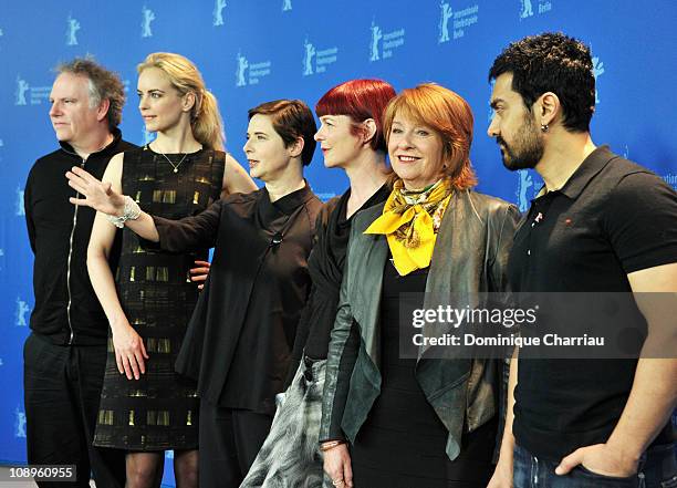 Jury members Guy Maddin, Nina Hoss, Isabella Rossellini, Sandy Powell, Jan Chapman and Aamir Khan attend the International Jury Photocall during day...