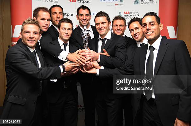 David Muligan, Mark Paston, Ivan Vicelich, Andrew Boyens, James Bannatyne, Tim Brown, Ben Sigmund, Jeremy Christie and Leo Bertos of the All Whites...