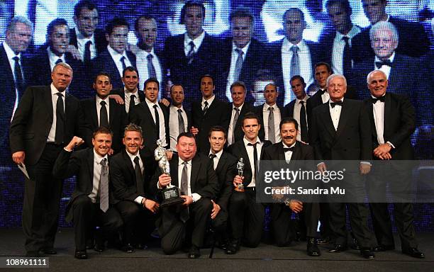 The All Whites team pose with Corporal Willie Apiata and Rob Wadell after winning the Supreme award during the Westpac Halberg Awards at the SkyCity...