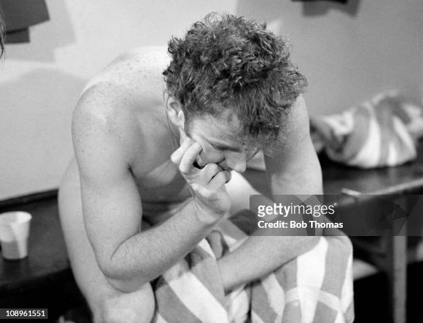 Dejected Leeds United captain Billy Bremner in the dressing room after the Chelsea v Leeds United FA Cup Final Replay held at Old Trafford,...