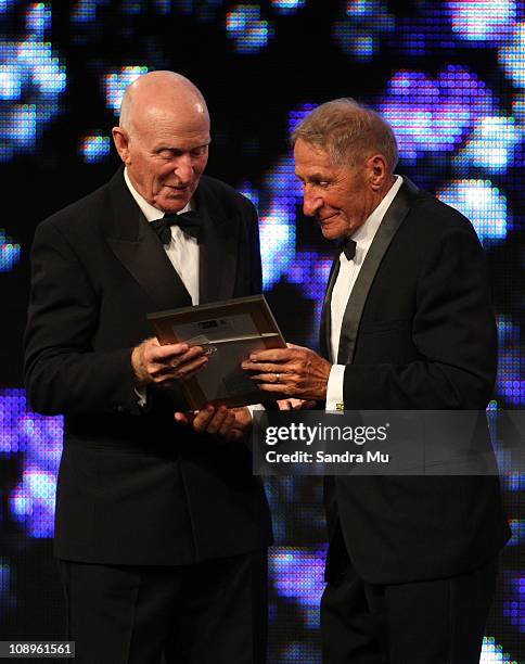 Sir Murray Halberg presents New Zealand Sports Hall of Fame inductee Bill Baillie with a plaque during the Westpac Halberg Awards at the SkyCity...