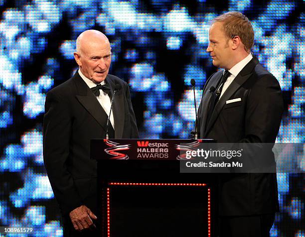 Sir Murray Halberg is interviewed by presenter Andrew Mulligan during the Westpac Halberg Awards at the SkyCity Convention Centre on February 10,...