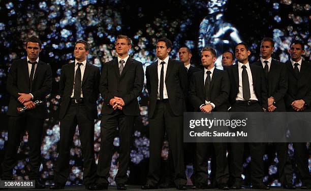 The All Whites team wait on stage as they are presented with the Supreme award during the Westpac Halberg Awards at the SkyCity Convention Centre on...