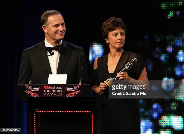 New Zealand Prime Minister John Key and Dame Susan Devoy present New Zealand's Favourite Sporting Moment award during the Westpac Halberg Awards at...
