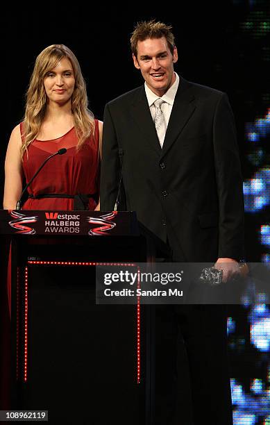 Actress Siobhan Marshall and Dillon Boucher present the Team of the Year trophy during the Westpac Halberg Awards at the SkyCity Convention Centre on...