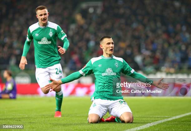 Johannes Eggestein and Maximilian Eggestein of Werder Bremen celebrate after scoring during the Bundesliga match between SV Werder Bremen and...