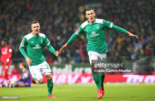 Johannes Eggestein and Maximilian Eggestein of Werder Bremen celebrate after scoring during the Bundesliga match between SV Werder Bremen and...