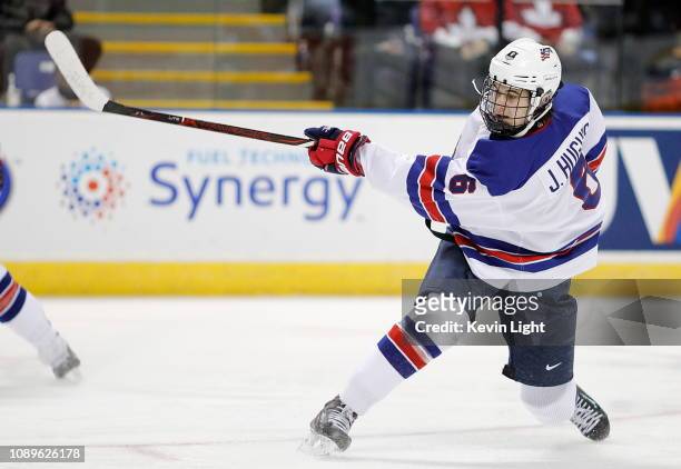 Jack Hughes of the United States shoots the puck during a quarter-final game versus the Czech Republic at the IIHF World Junior Championships at the...
