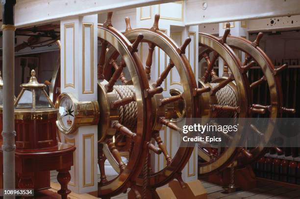 The ships wheel of the HMS Warrior, Britain's first iron-hulled, armoured warship which is in dock at Portsmouth, Hampshire July 1987.