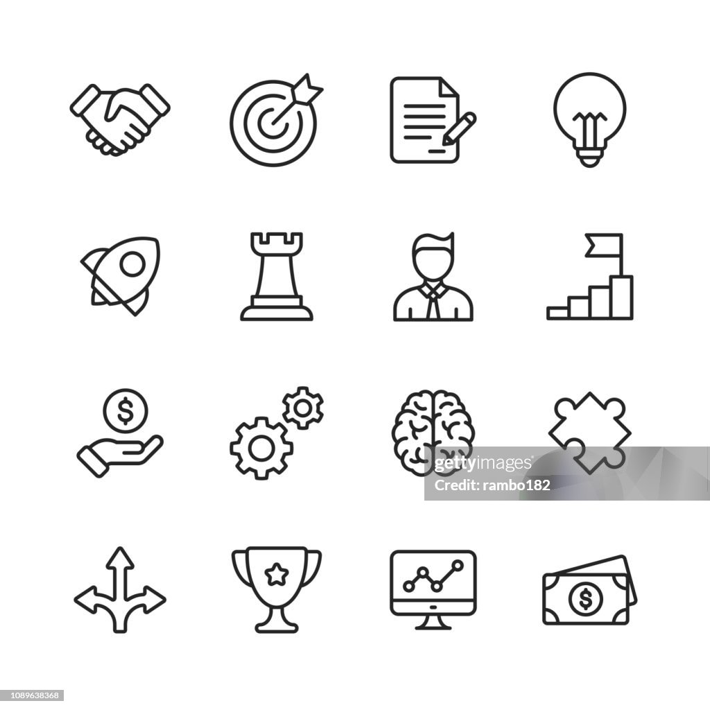 Business Line Icons. Editierbare Schlaganfall. Pixel Perfect. Für Mobile und Web. Enthält solche Symbole als Handshake, Ziel, Vereinbarung, Inspiration, Startup.