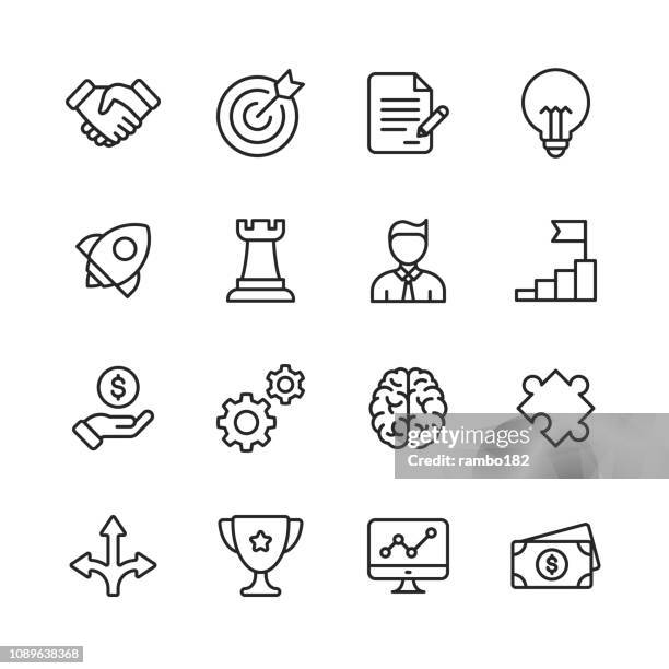 ilustraciones, imágenes clip art, dibujos animados e iconos de stock de iconos de línea de negocio. movimiento editable. pixel perfect. para web y móvil. contiene iconos como el apretón de manos, objetivo, acuerdo, inspiración, puesta en marcha. - strategi