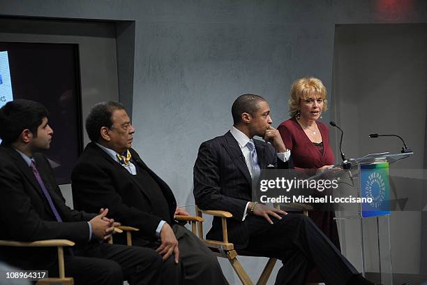 Author Kabir Sehgal, author Ambassador Andrew Young, Host T.J. Holmes and President/CEO of The Paley Center Pat Mitchell take part in the "Walk In My...