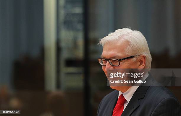 Former German Foreign Minister Frank-Walter Steinmeier arrives to testify at the Bundestag commission hearing on the Kunduz attack on February 10,...