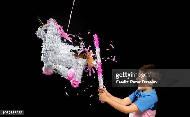 boy hitting unicorn pinata - pinhata imagens e fotografias de stock