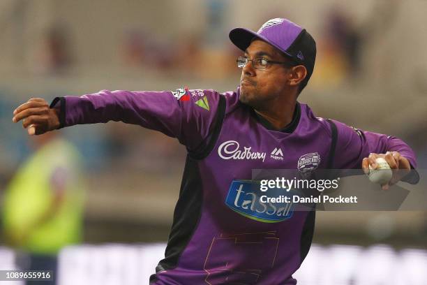 Clive Rose of the Hurricanes fields during the Big Bash League match between the Hobart Hurricanes and the Sydney Sixers at Blundstone Arena on...