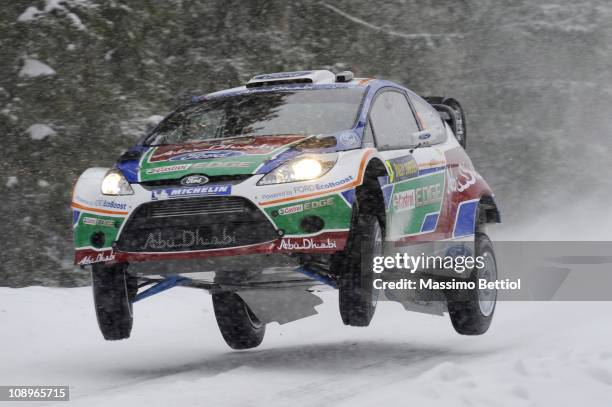 Mikko Hirvonen of Finland and Jarmo Lehtinen of Finland compete in their Ford Abu Dhabi World Rally Team Ford Fiesta RS WRC during the Shakedown of...