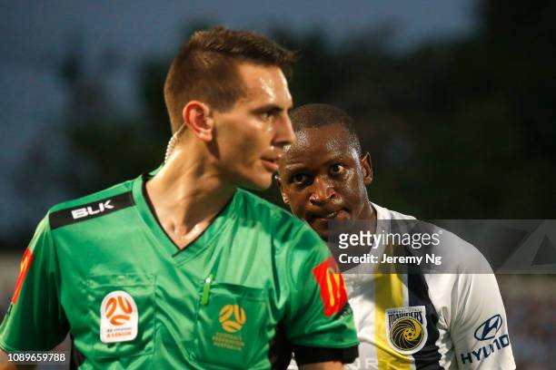 Kalifa Cisse of the Mariners argue during the round 11 A-League match between Sydney FC and the Central Coast Mariners at WIN Jubilee Stadium on...