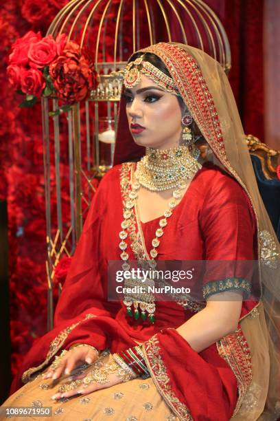 Indian model wearing an exquisite bridal lehenga with traditional opulent jewellery during the Lavish Dulhan bridal show in Toronto, Ontario, Canada....