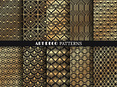 Art deco pattern. Golden minimalism lines, vintage geometric arts and deco line ornate seamless patterns vector set