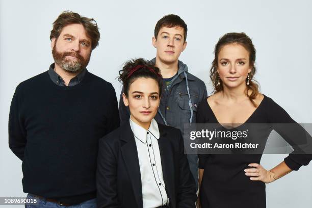 Zach Galifianakis, Jenny Slate, Alex Sharp and Rebecca Dinerstein from 'Sunlit Night' pose for a portrait in the Pizza Hut Lounge in Park City, Utah...