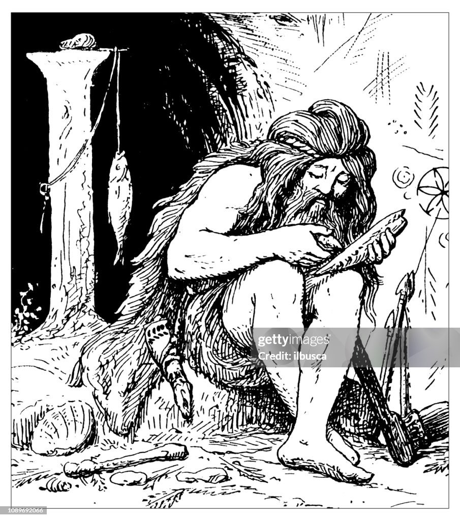 Antique art engraving illustration: Letter I and caveman