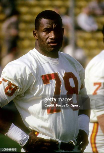 Bobby Bell of the Kansas City Chiefs looks on during pre-game warmups before an NFL football game circa 1970. Bell played for the Chiefs from 1963-74.