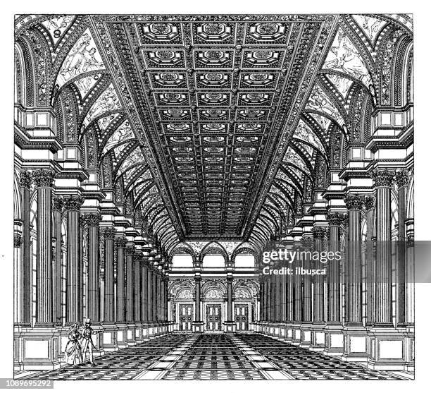 antique art engraving illustration: hotel de ville, paris - hotel de ville paris stock illustrations