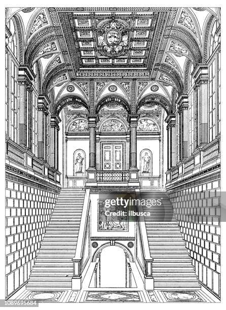 antique art engraving illustration: hotel de ville, paris - hotel de ville paris stock illustrations