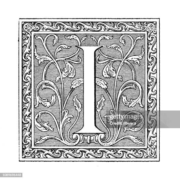 antique art engraving illustration: ornate letter i - letter i stock illustrations