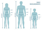 Silhouttes of man, women and boy in full length with measurement lines of body parameters.