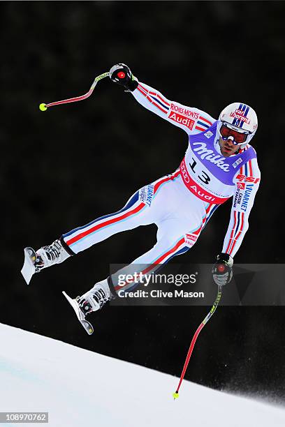 Adrien Theaux of France skis in the Men's Downhill Training during the Alpine FIS Ski World Championships on the Kandahar course on February 10, 2011...