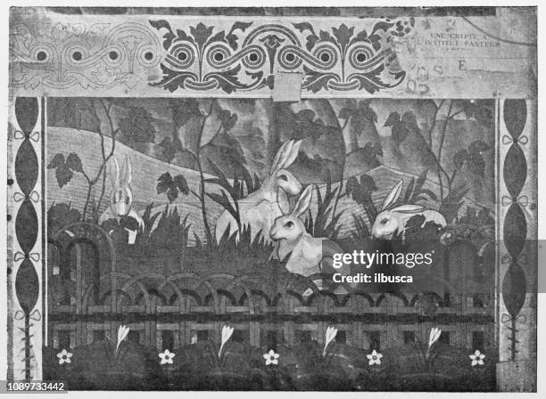 antique art painting illustration: mosaic on pasteur's tomb by charles girault - louis pasteur stock illustrations