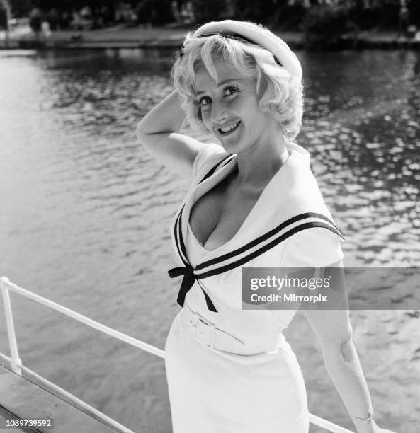 Liz Fraser, English actress, on location at Tagg's Island, in the London Borough of Richmond upon Thames, where she is currently filming Double Bunk,...