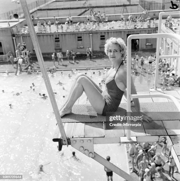 Liz Fraser, English actress, at Durnsford Road Baths, Bounds Green, London Borough of Haringey, North London, Thursday 20th August 1959. .