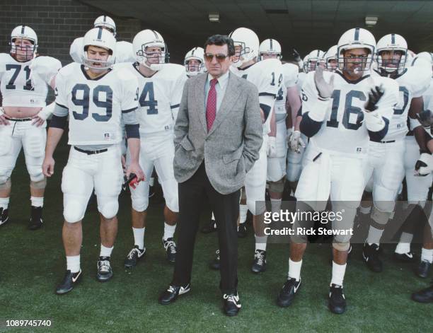 Joe Paterno, Head Coach for the Penn State Nittany Lions stands with his team during the NCAA Independant Conference college football game against...