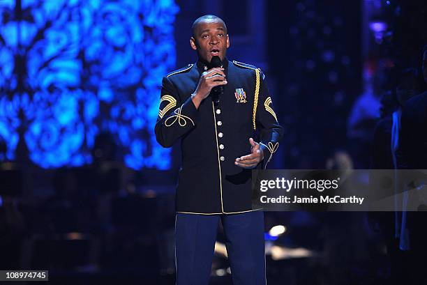 Master Sgt. Caleb Green performs on stage during TNT's "Christmas in Washington 2008" at the National Building Museum on December 14, 2008 in...