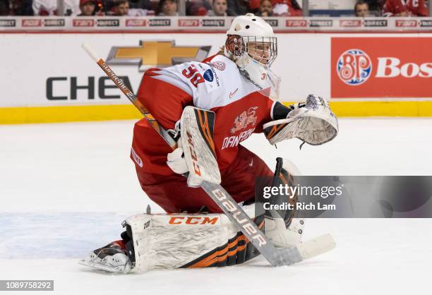 Goalie Mads Soegaard of Denmark in Group A hockey action of the 2019 IIHF World Junior Championship against the Czech Republic on December 2018 at...