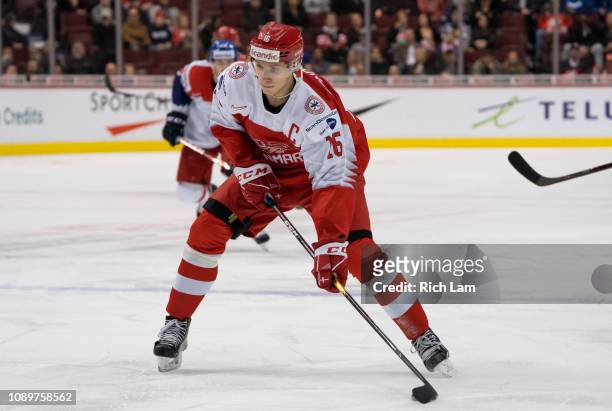 Jonas Rondbjerg of Denmark skates with the puck in Group A hockey action of the 2019 IIHF World Junior Championship against the Czech Republic on...