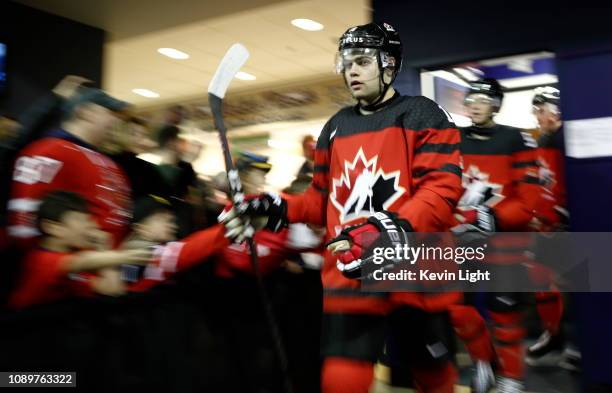 Markus Phillips of Team Canada walks to the ice prior to a game versus Team Slovakia at the IIHF World Junior Championships at the Save-on-Foods...