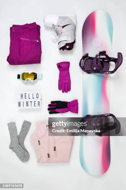 snowboarding equipment. knolling concept - protective sportswear stock pictures, royalty-free photos & images