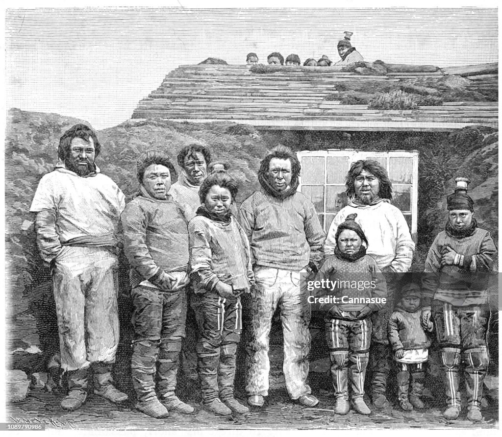 White Inuit Victorian Black And White Engraving Of Aa Group Of Inuits Native To ...