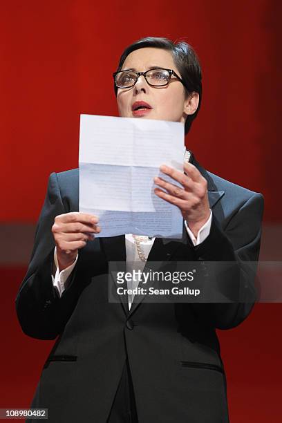 Isabella Rossellini reads a letter of Iranian director and jury member Jafar Panahi, who is imprisoned in Iran, at the grand opening ceremony during...