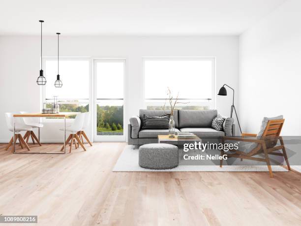moderne woonkamer met eetkamer - parket stockfoto's en -beelden