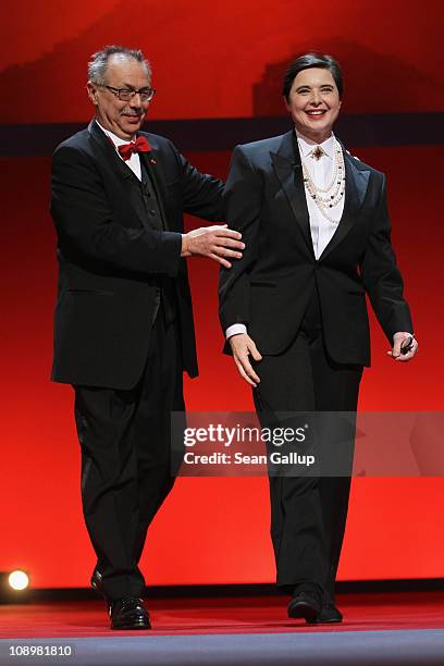 Jury member Isabella Rossellini and festival director Dieter Kosslick attend the grand opening ceremony during the opening day of the 61st Berlin...
