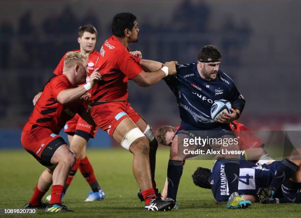 Rob Webber of Sale Sharks holds off Will Skelton of Saracens during the Gallagher Premiership Rugby match between Sale Sharks and Saracens at AJ Bell...