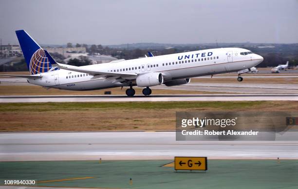United Airlines Boeing 737 passenger jet takes off at San Antonio International Airport in Texas.