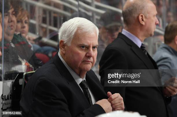Head coach Ken Hitchcock of the Edmonton Oilers looks on from the bench during a game against the Arizona Coyotes at Gila River Arena on January 2,...