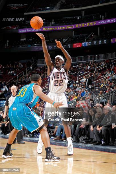 Anthony Morrow of the New Jersey Nets shoots the ball against the New Orleans Hornets on February 9, 2011 at the Prudential Center in Newark, New...