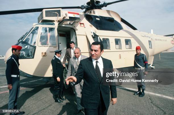 Vice-President Hosni Mubarak arrives in Cairo after traveling in the Egyptian presidential helicopter, Egypt, 1977.